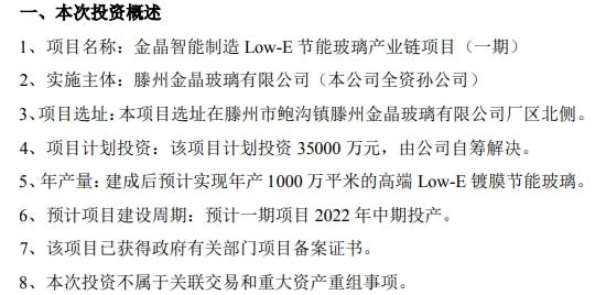 金晶科技擬計劃投資35000萬建設智能制造LOW—E節能玻璃項目（一期）