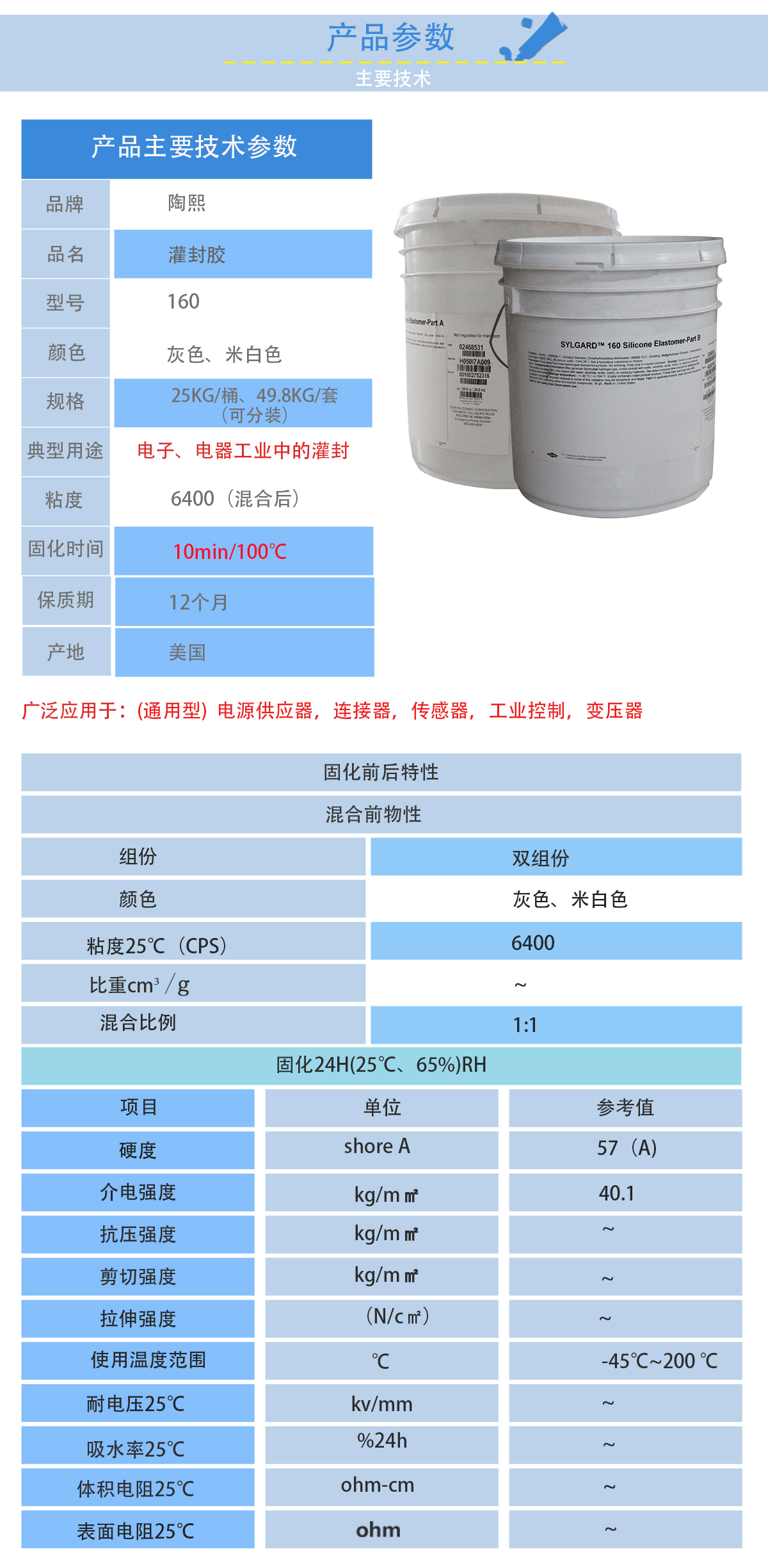 陶熙DOWSIL160A/B灌封膠的性能參數 陶熙DOWSIL160A/B灌封膠的性能參數